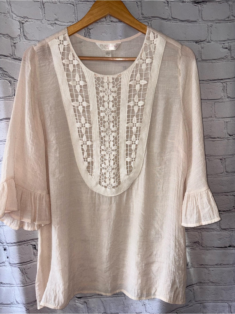 Krazy Kat Cream Sheer Boho Peasant Floral Embroidered Mesh Blouse Top Size L